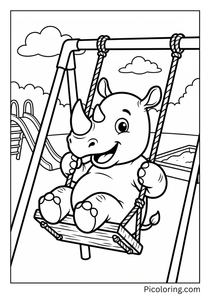 A happy rhinoceros swinging on a playground swing