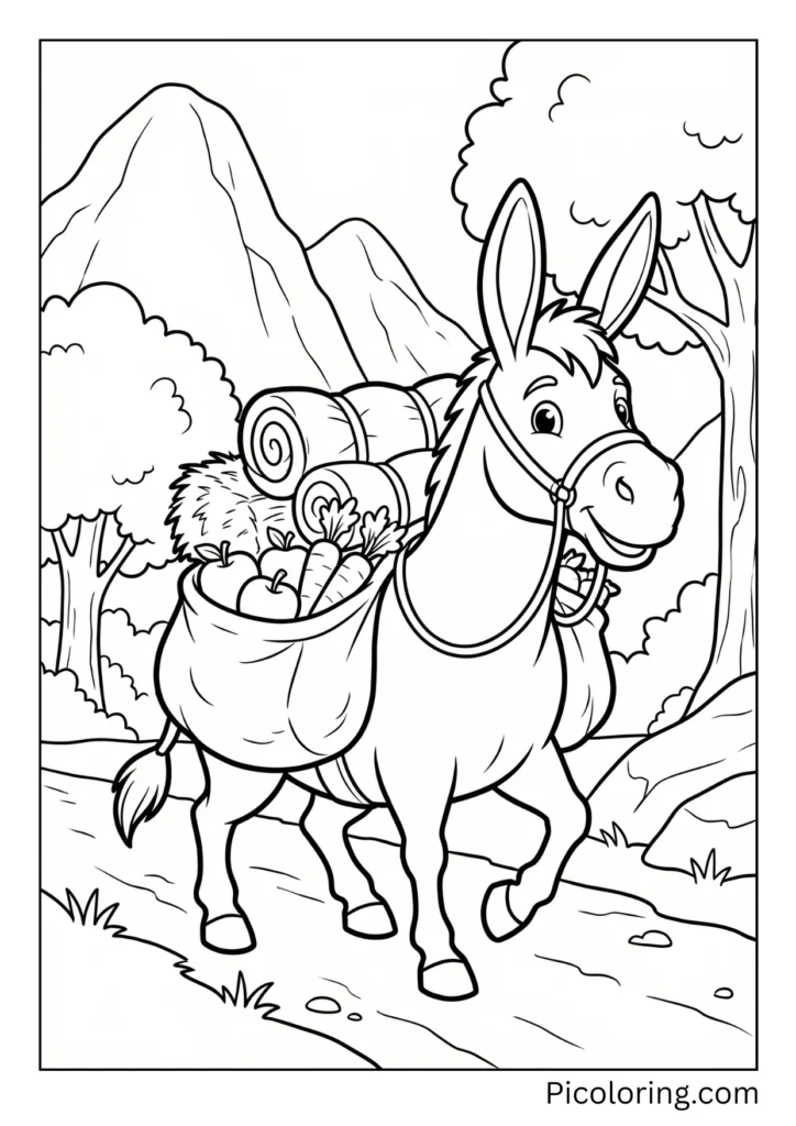 A hardworking donkey with saddle bags loaded with supplies
