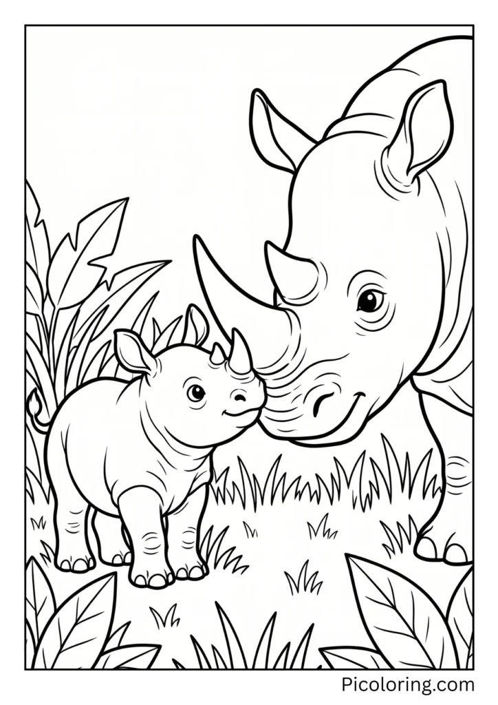 A heartwarming scene of baby rhino nuzzling its mother