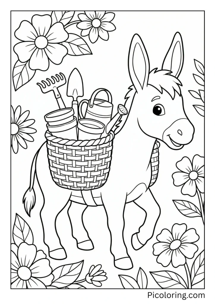 A helpful donkey carrying gardening tools and plant pots