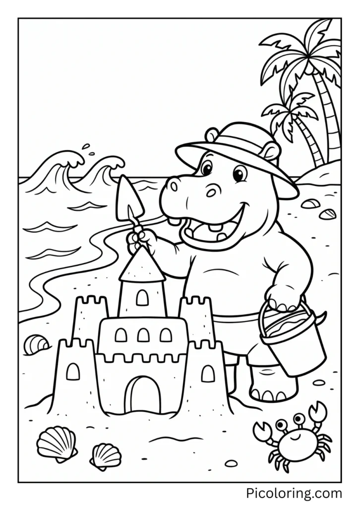A hippo building a sandcastle at the beach