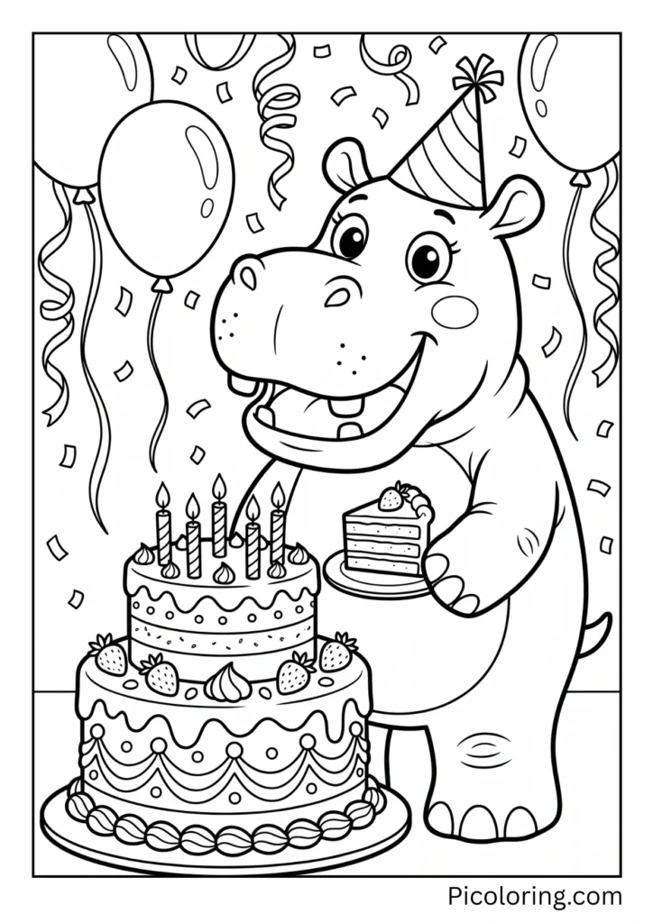 A hippo celebrating with a decorated cake