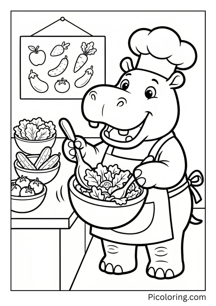 A hippo chef preparing a healthy salad