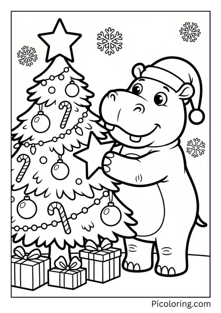 A hippo decorating a Christmas tree