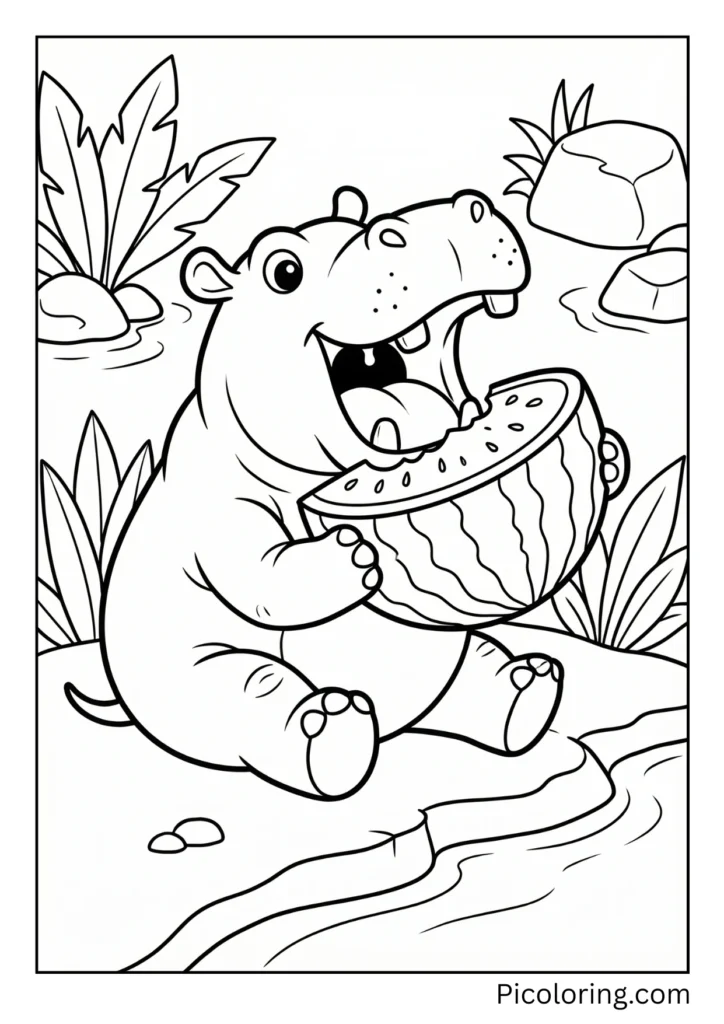 A hippo enjoying a big watermelon