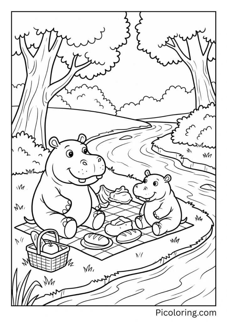 A hippo family enjoying a picnic on the riverbank