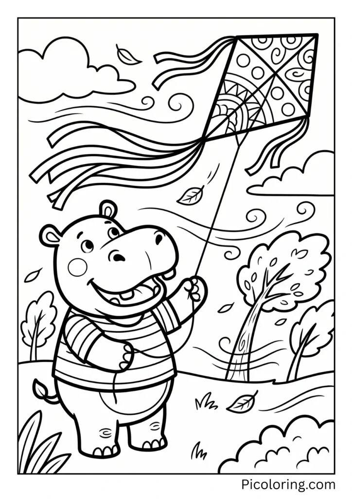 A hippo flying a colorful kite on a windy day