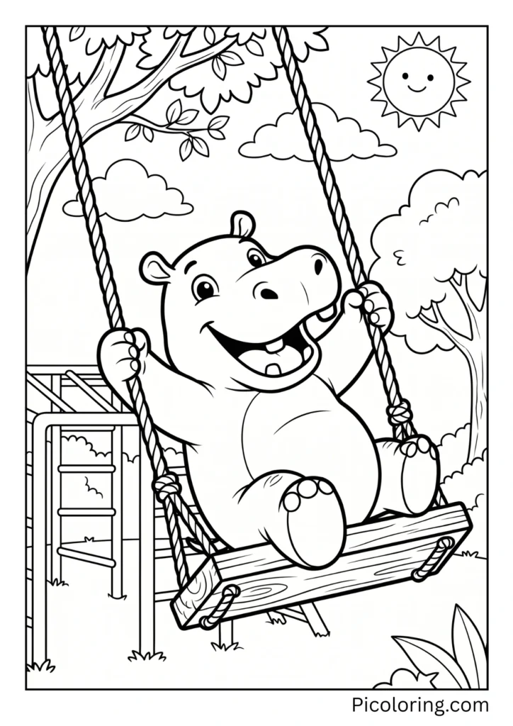 A hippo having fun on a big swing