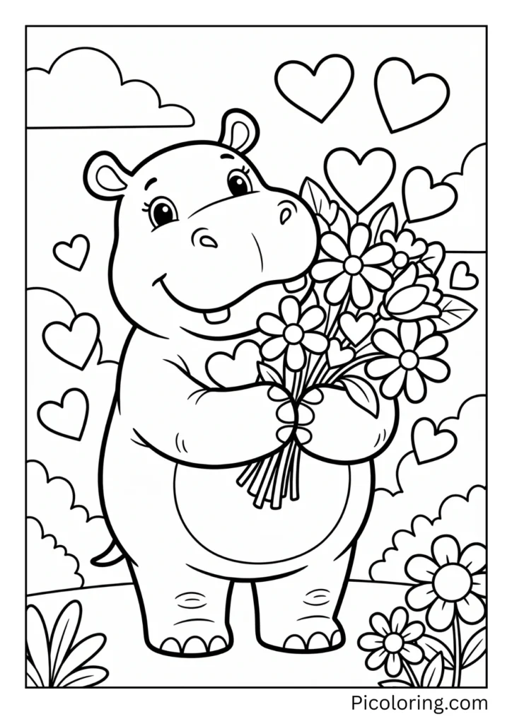 A hippo holding hearts and flowers