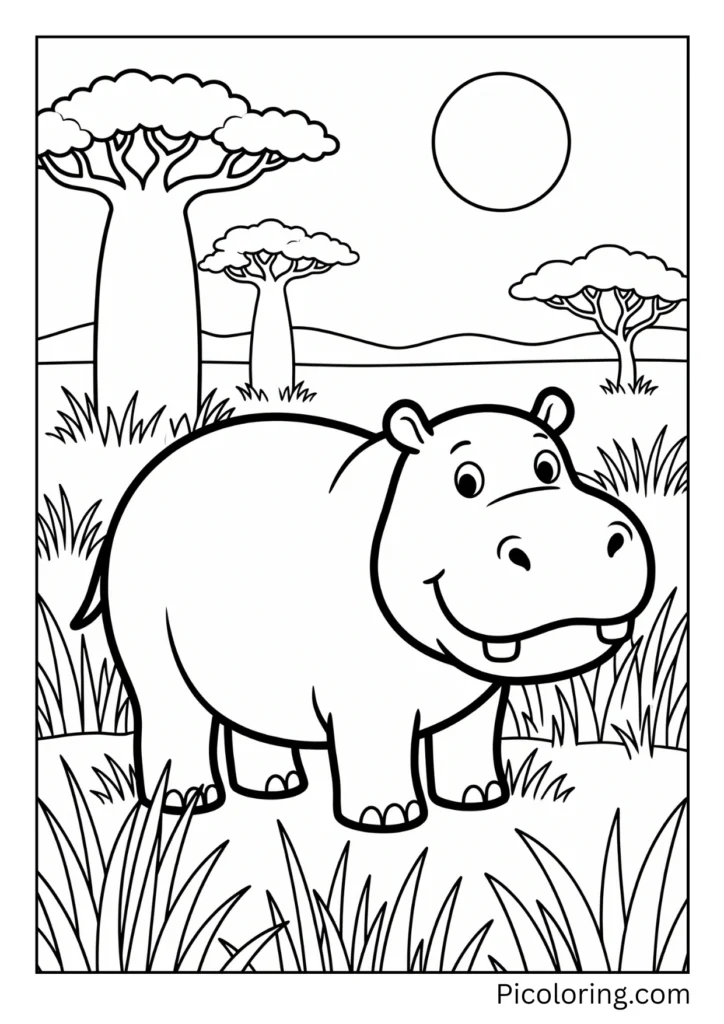 A hippo in its natural grassland habitat
