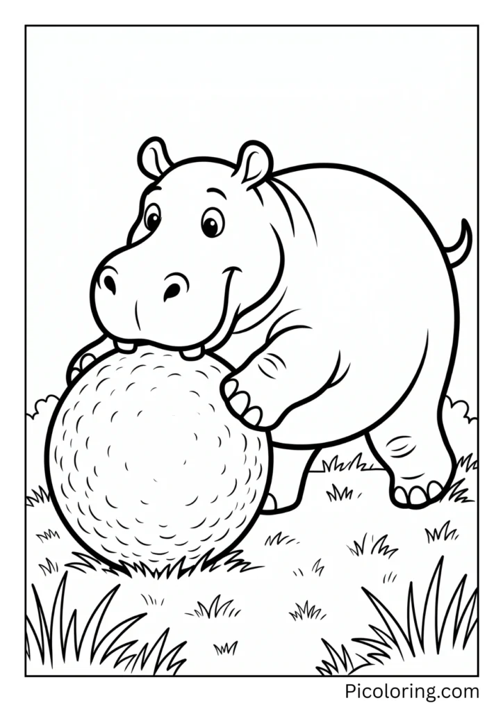 A hippo pushing a large ball with its nose