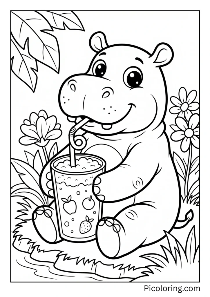 A hippo sipping a smoothie through a straw