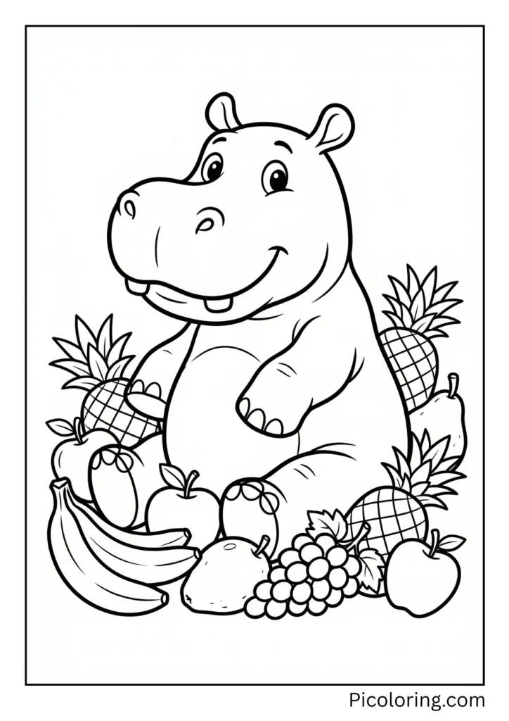 A hippo surrounded by various colorful fruits