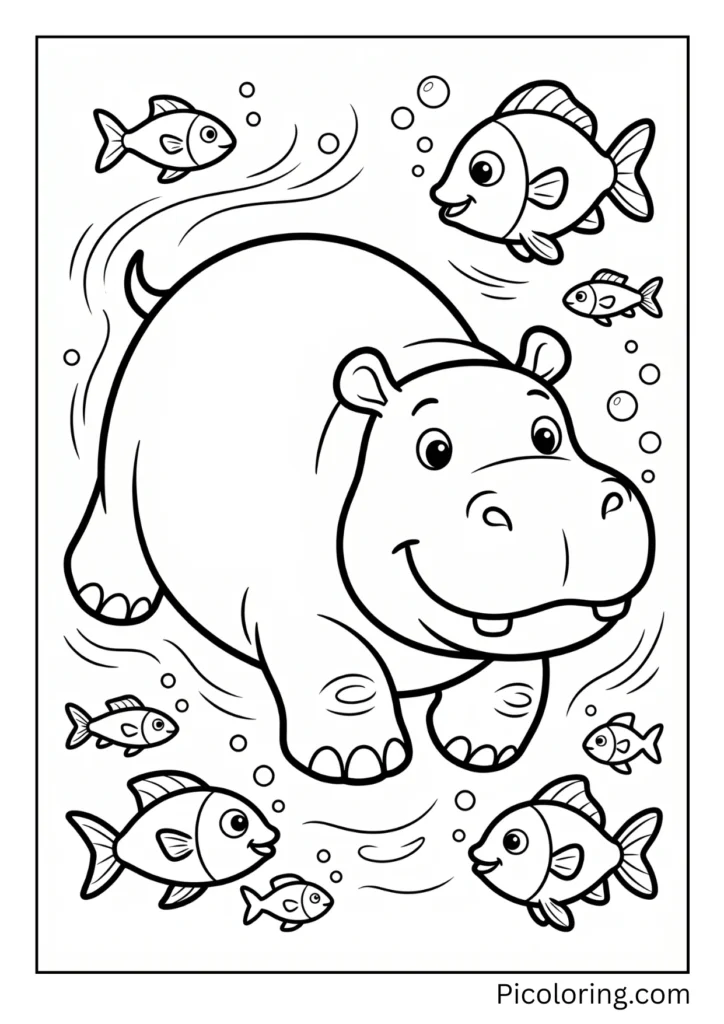 A hippo swimming underwater with fish around it