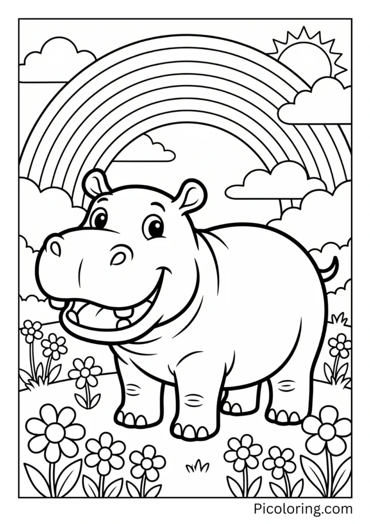 A hippo with a beautiful rainbow in the background