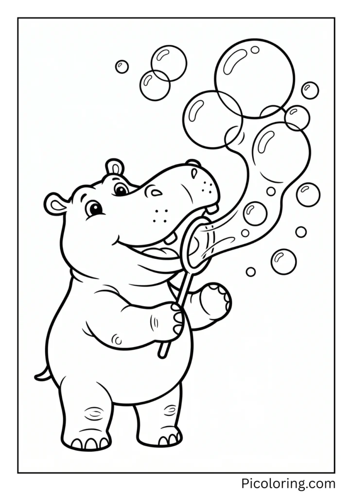 A hippo with a bubble wand making soap bubbles