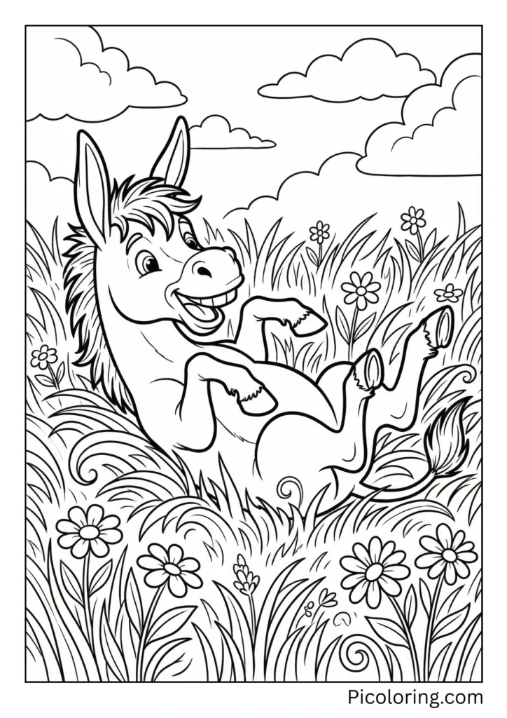 A joyful donkey rolling on its back in green grass