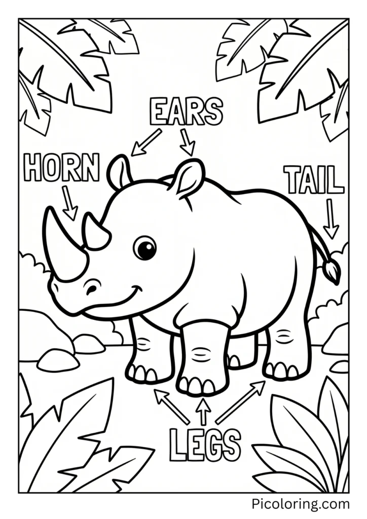 A labeled rhinoceros showing horn, ears, legs, etc