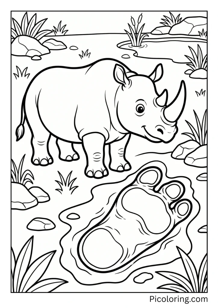 A large rhinoceros footprint with the rhino nearby