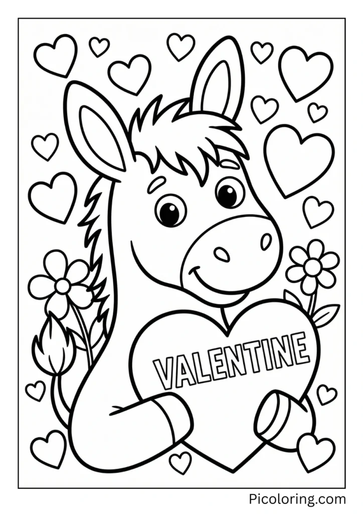 A lovely donkey with hearts and holding a valentine card