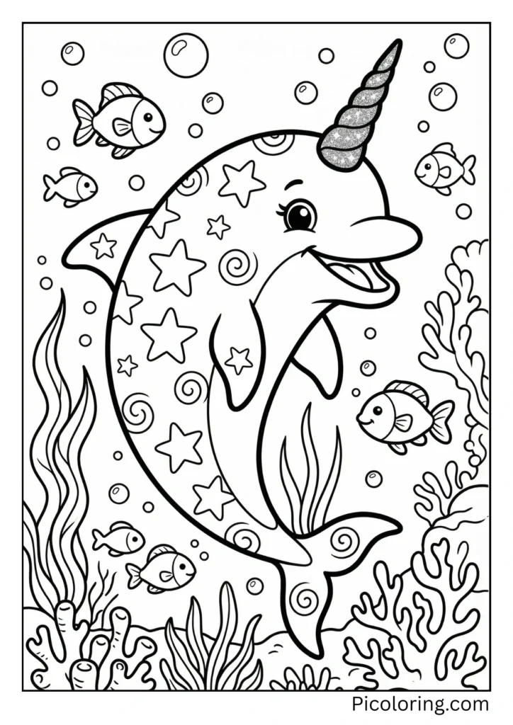 A magical dolphin with a sparkly unicorn horn