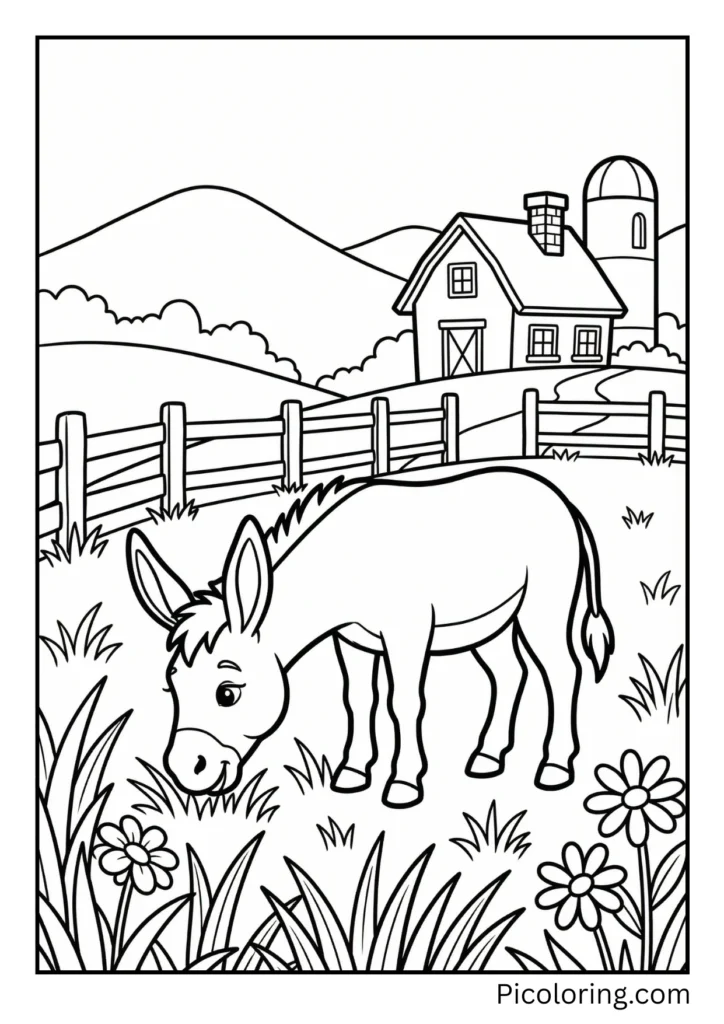 A peaceful donkey grazing in a green meadow with a fence and farmhouse in the background