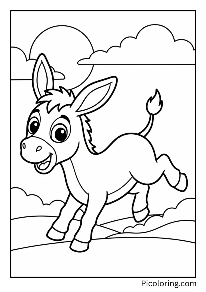 A playful baby donkey jumping and kicking up its heels in joy