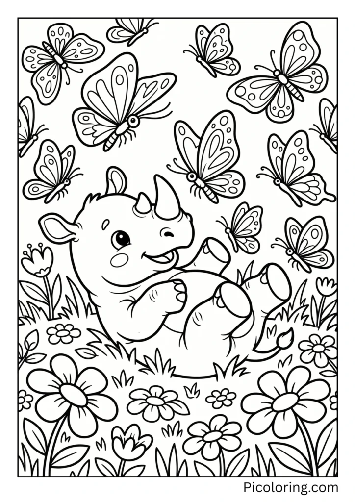 A playful baby rhino surrounded by colorful butterflies