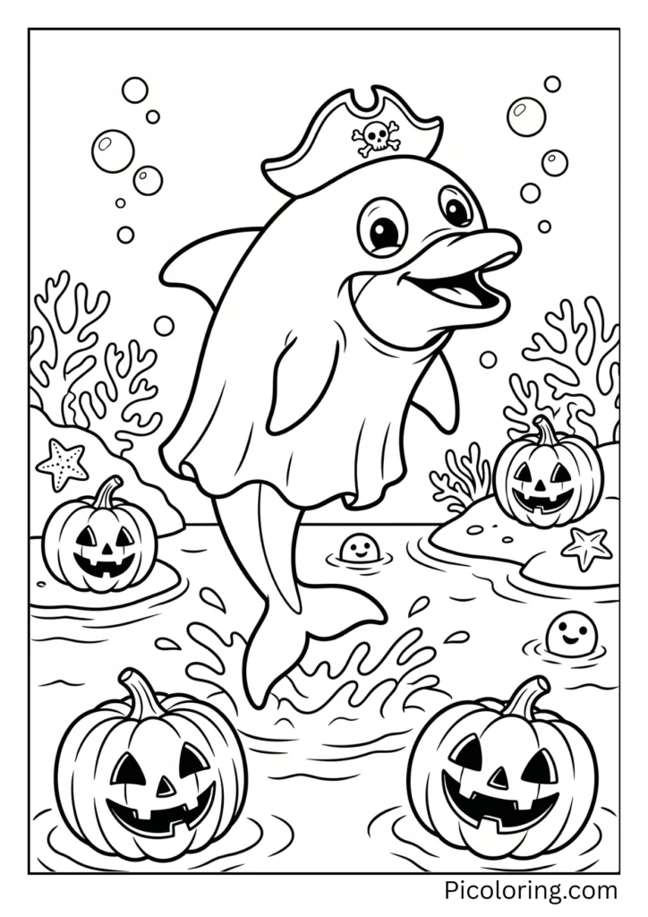 A-playful-dolphin-with-pumpkins-and-costume