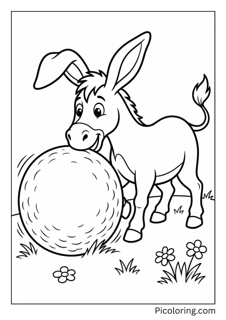 A playful donkey pushing a large ball with its nose