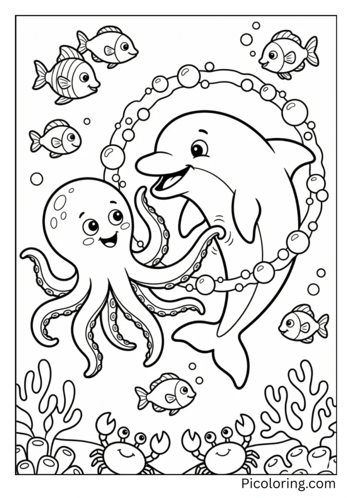 A playful interaction between a dolphin and a friendly octopus