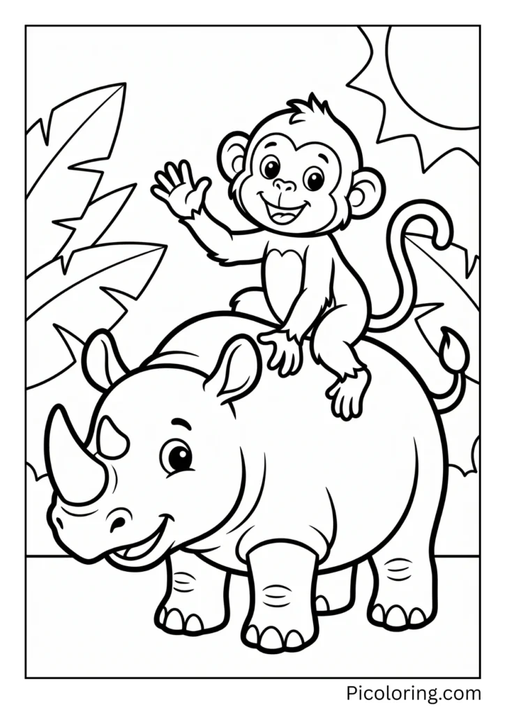 A playful monkey sitting on a rhinos back