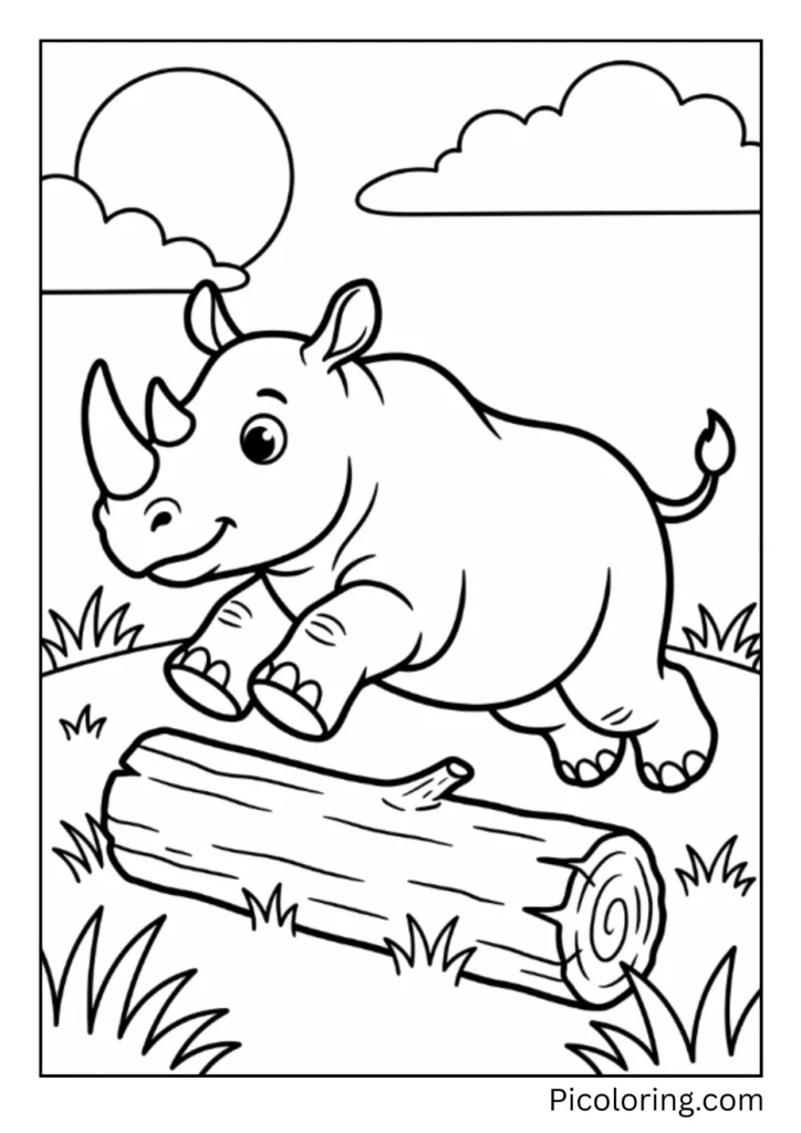 A playful rhino jumping over a log