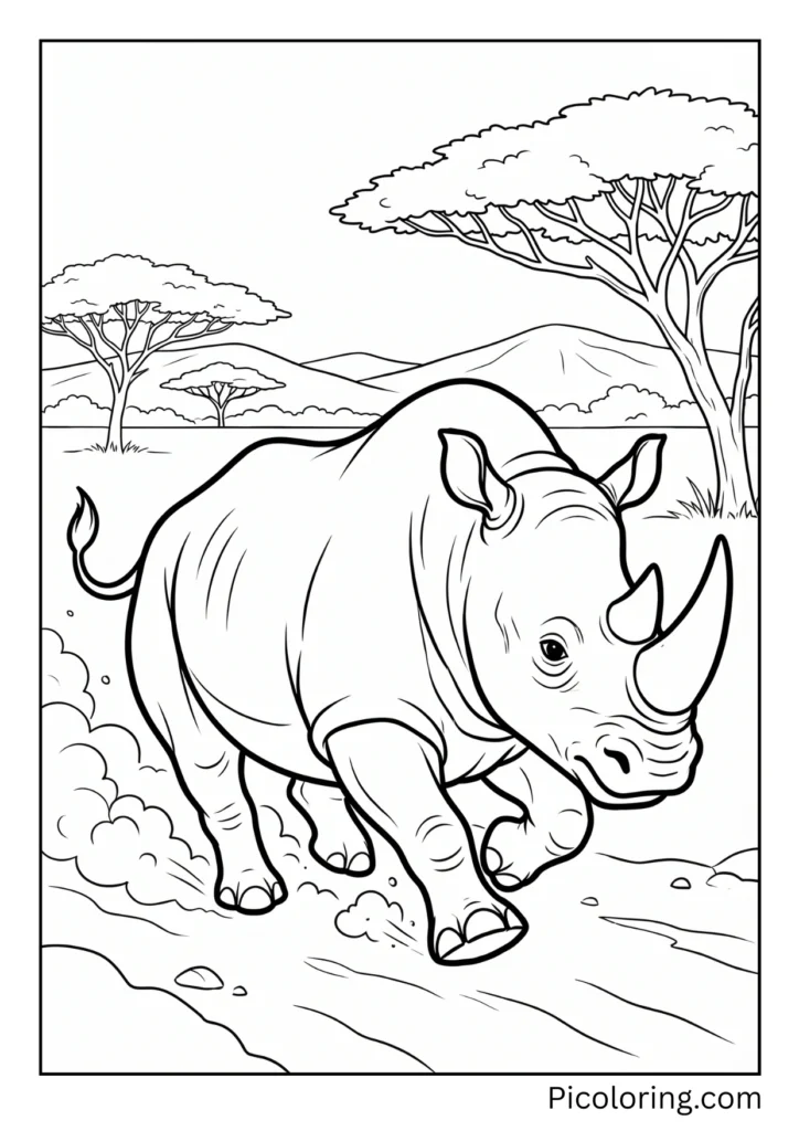 A powerful rhinoceros running at full speed