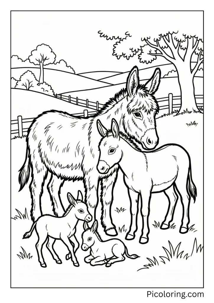 A realistic scene with multiple donkeys of different sizes together