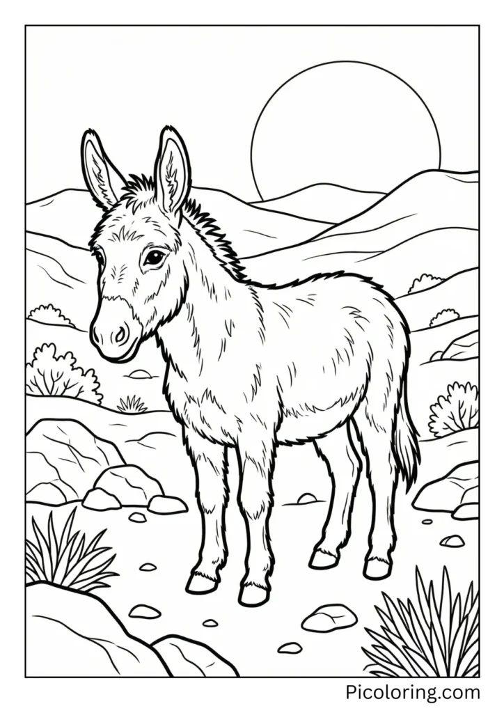 A realistic wild donkey in its natural environment with landscape details