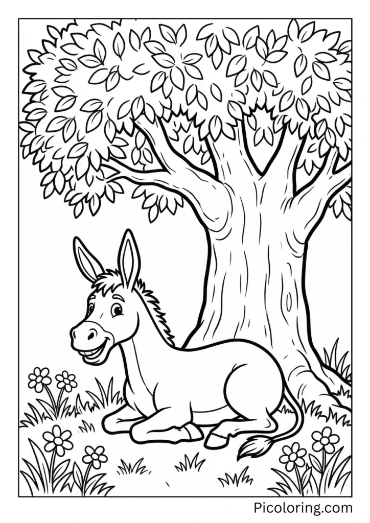 A relaxed donkey resting in the shade of a large, leafy tree