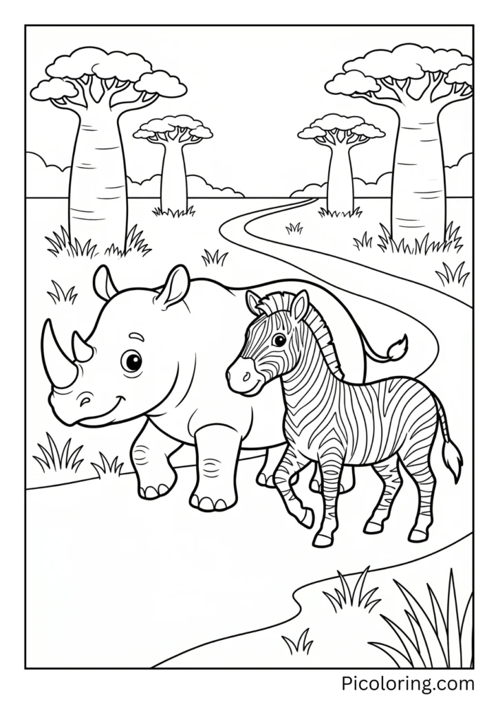 A rhino and zebra walking together