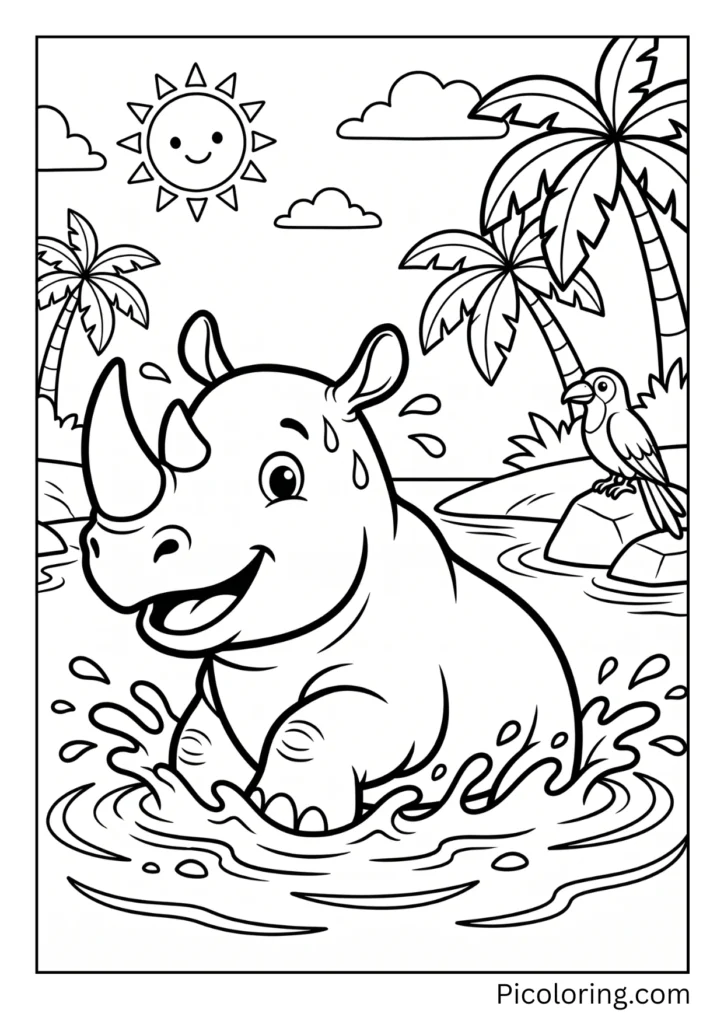 A rhino cooling off in water on a hot day