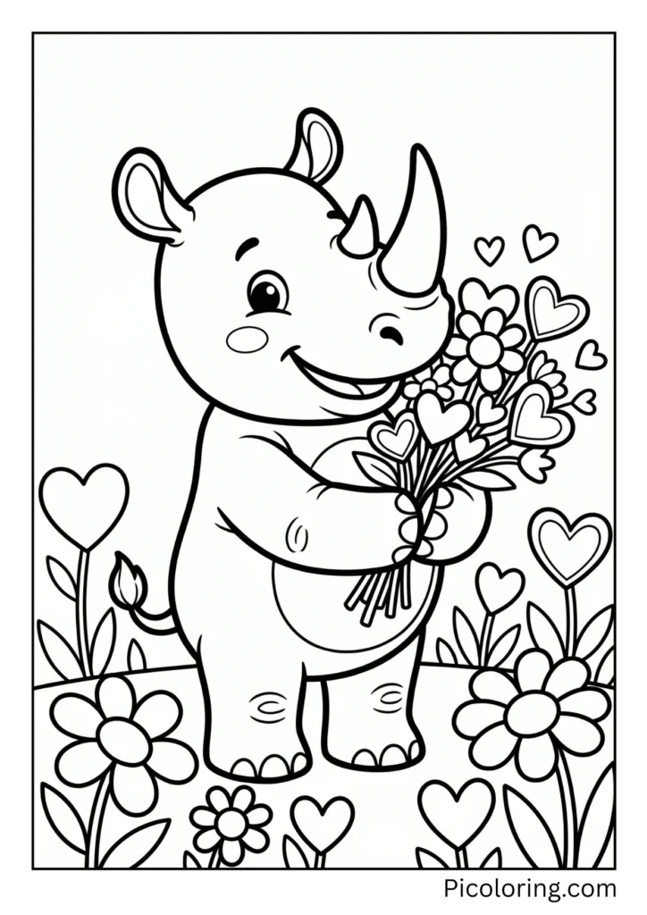 A rhino holding hearts and flowers