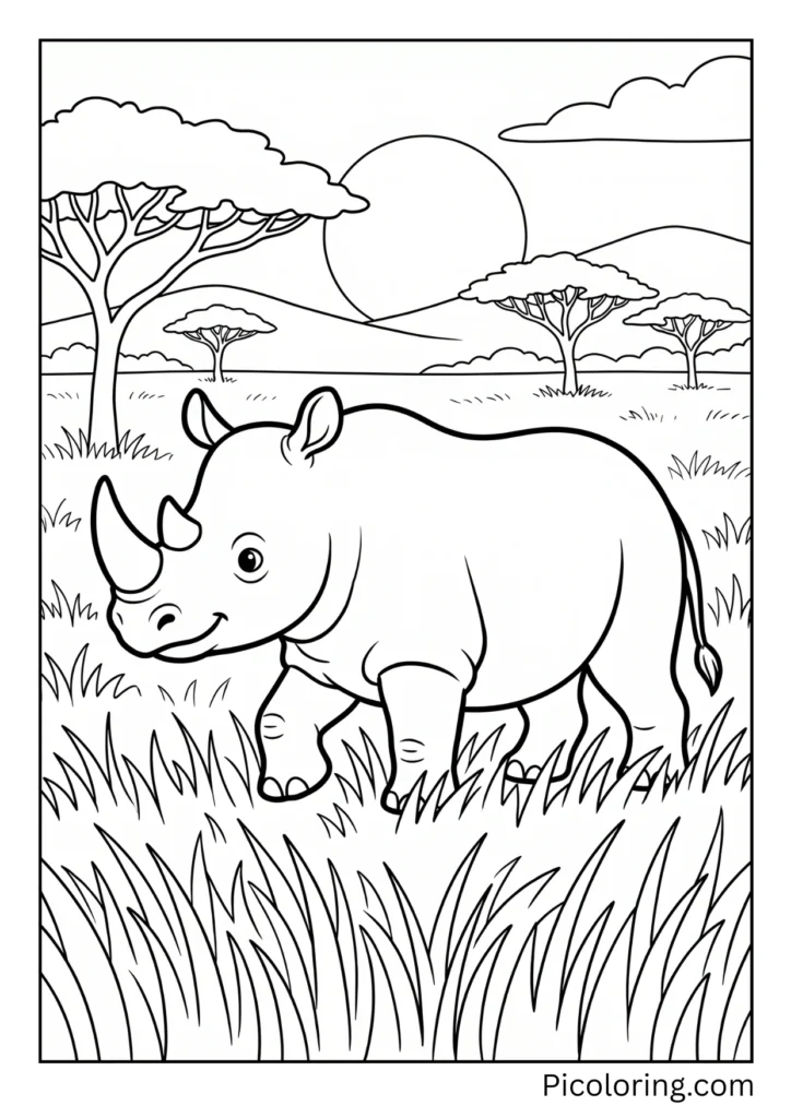 A rhino walking through African savanna grass