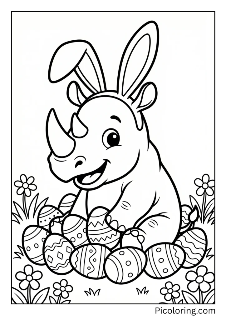 A rhino with Easter eggs and bunny ears
