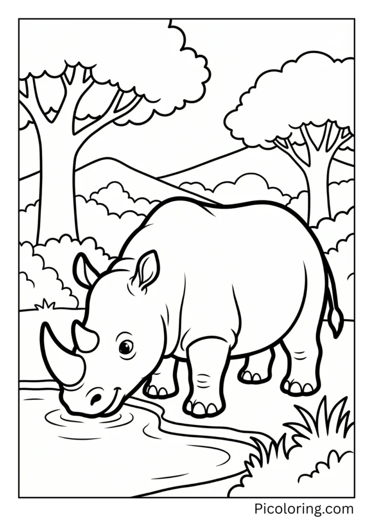 A rhinoceros drinking from a peaceful waterhole