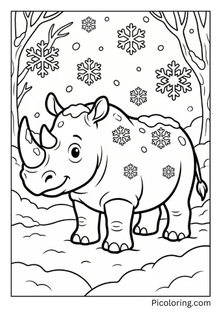 A rhinoceros experiencing snowflakes