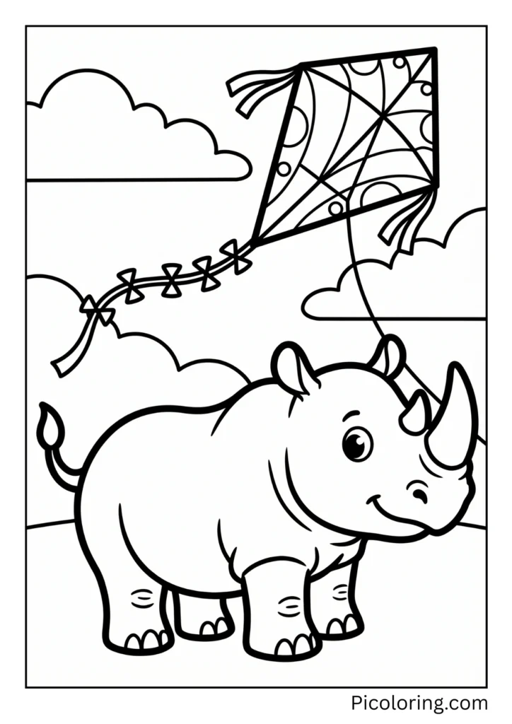 A rhinoceros flying a colorful kite