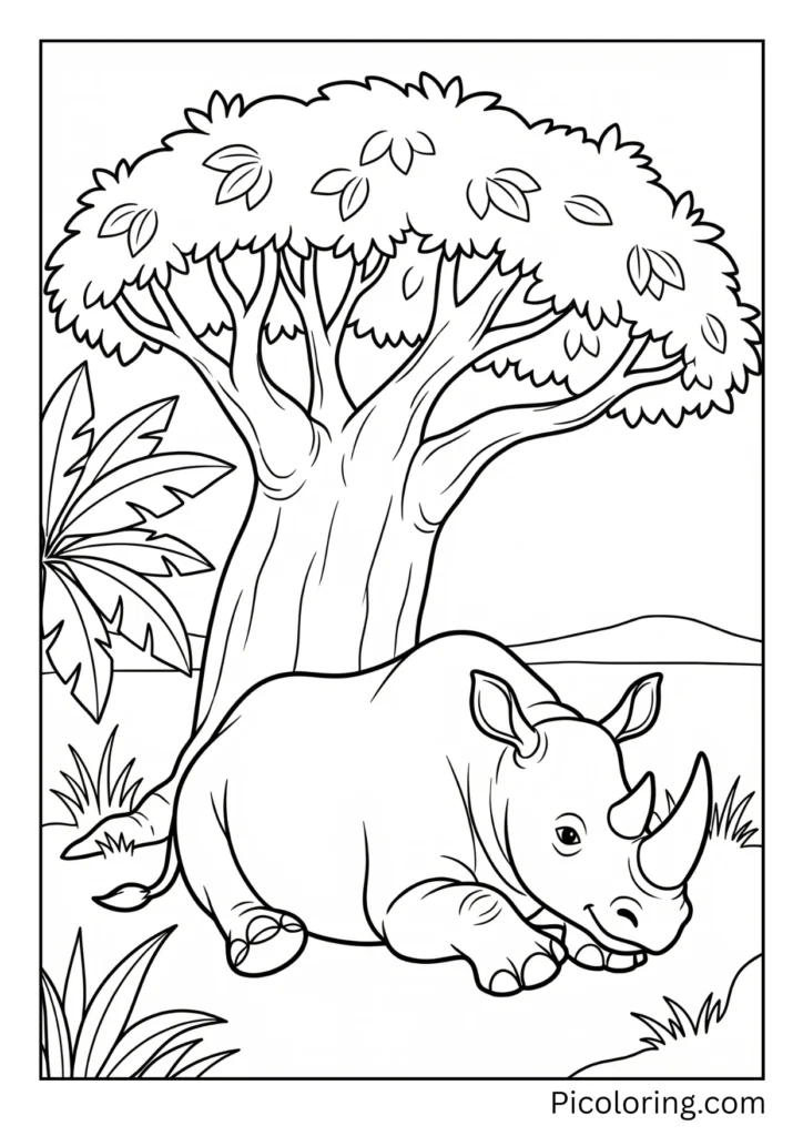 A rhinoceros resting in shade of an African tree