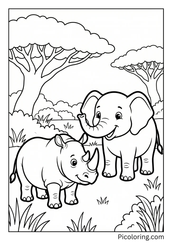 A rhinoceros standing next to a friendly elephant