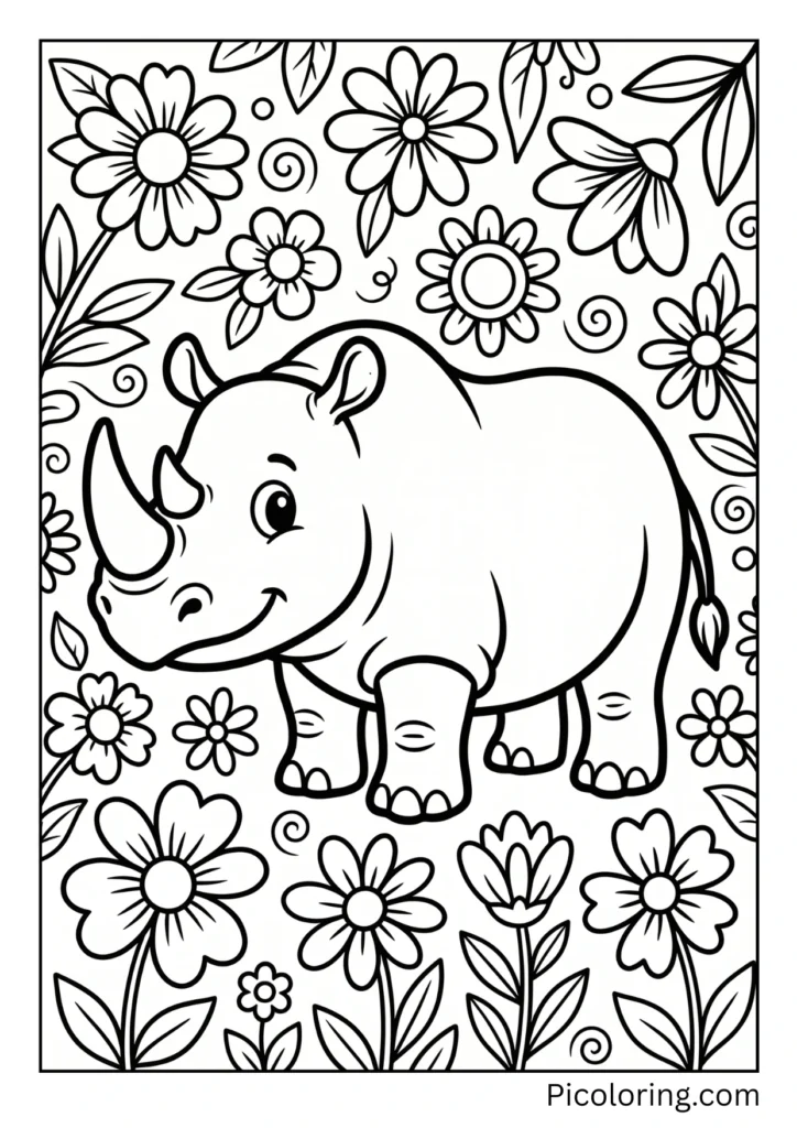 A rhinoceros surrounded by blooming flowers