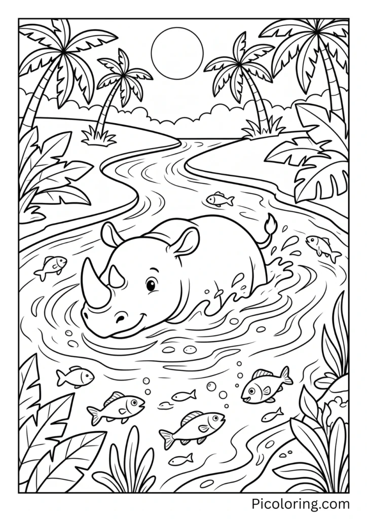 A rhinoceros swimming in a river