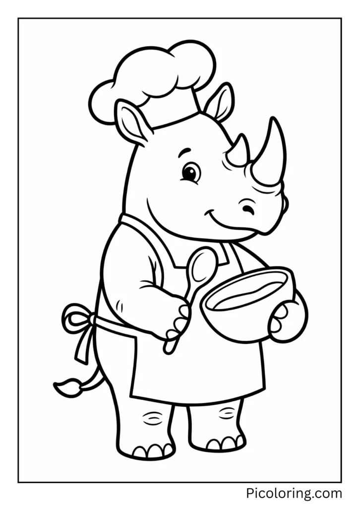 A rhinoceros wearing a chefs hat and apron